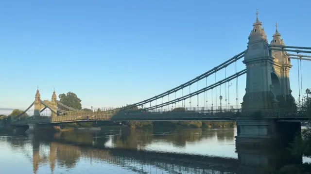 A duck swims along the River Thames near to the Hammersmith Bridge in London -