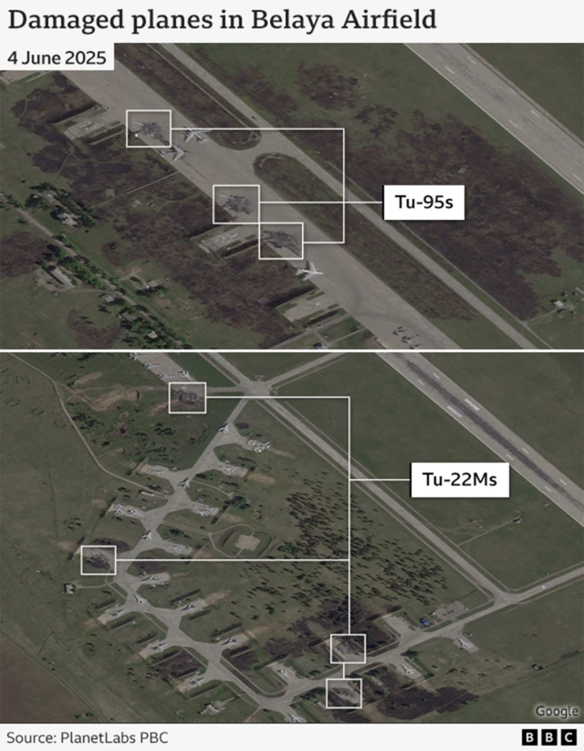 Annotated satellite imagery showing seven Russian aircraft badly damaged in a Ukrainian drone strike on Belaya air base