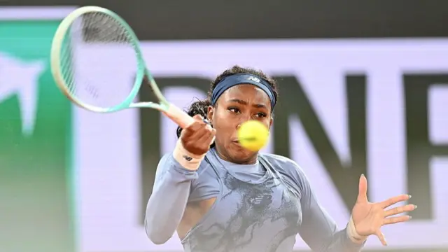 Coco Gauff hits a forehand