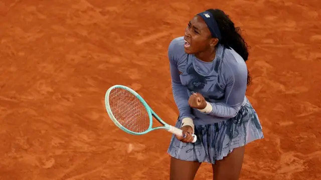 Coco Gauff reacts after a point