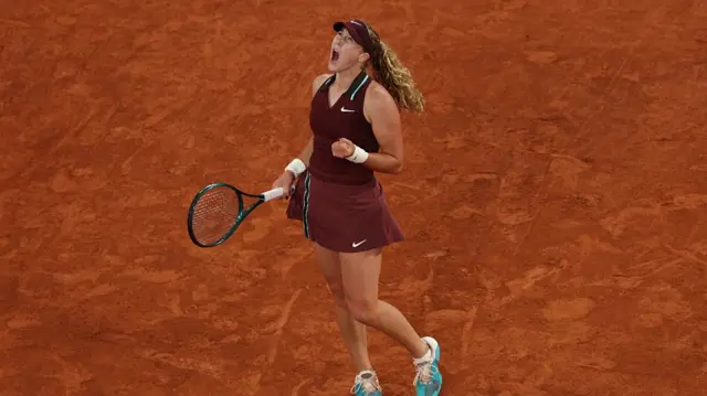Mirra Andreeva celebrates a point