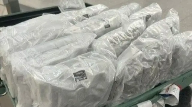 A bundle of vacuum-packed white plastic bags full of cannabis, loaded into a green suitcase.