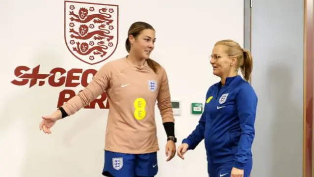 Mary Earps of England and Sarina Wiegman, Head Coach of England,arrive for a press conference