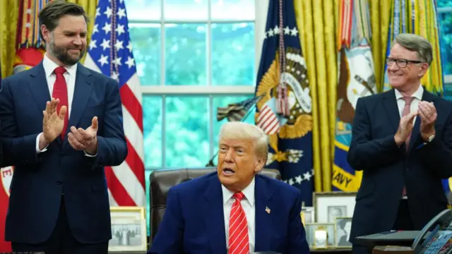 US President Donald Trump speaks in the Oval Office flanked by JD Vance and Peter Mandelson.