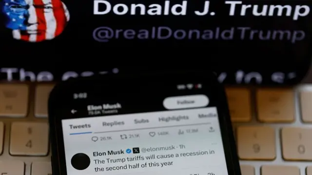 A screen grab of a post sent by Elon Musk on X and another post in the background by President Trump on Truth Social