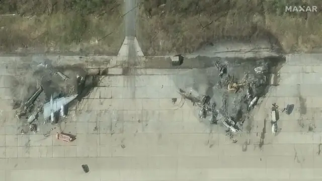 Satellite images showing destroyed planes on the runway in Olenya, a major Russian airbase in the country's north-west