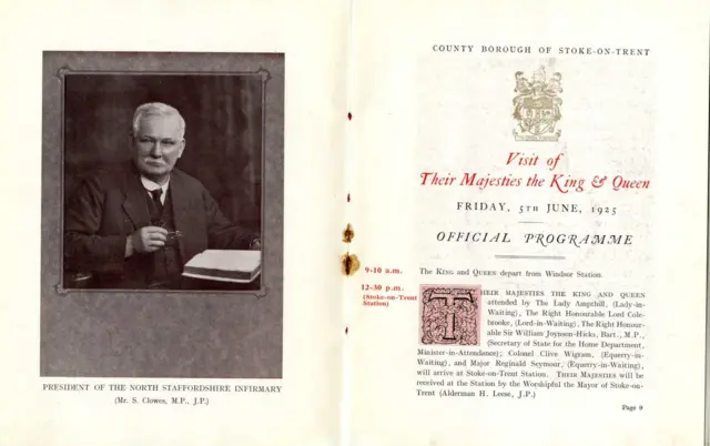 A scanned page of an old programme of King George V's visit to Stoke-on-Trent