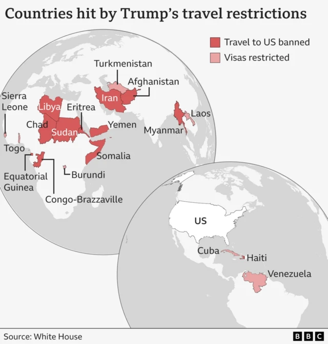 Map of countries hit by new visa rules