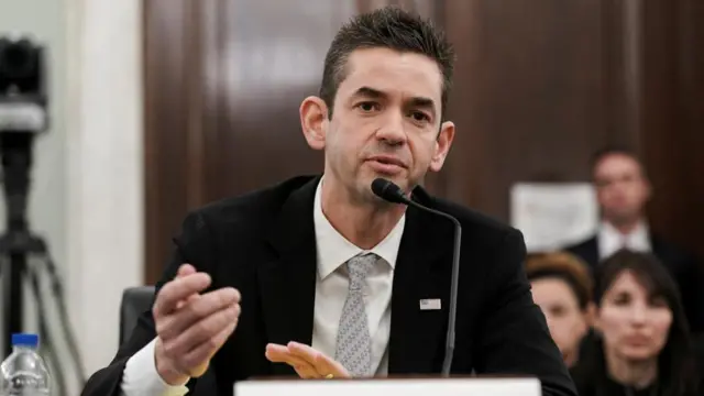 Jared Isaacman testifies during a Senate Commerce, Science, and Transportation confirmation hearing in April 2025