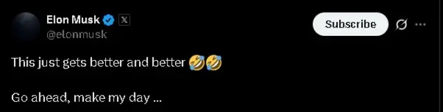 A tweet by Elon Musk saying "Go ahead, make my day..."
