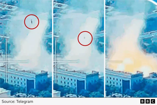 A three-part composite shows a projectile hitting a building in Ukraine, and the third image shows a large, enveloping explosion.