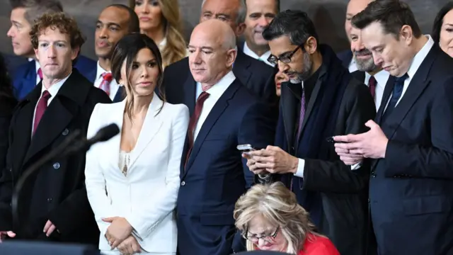 Elon Musk is using a phone next to American tech CEOs at Trump's second inauguration.