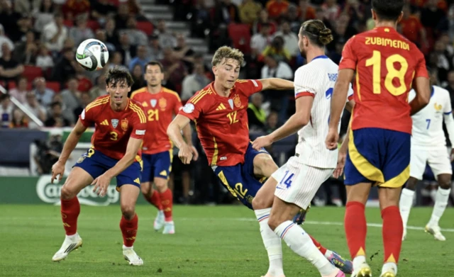Spain's Dean Huijsen scores a goal that was later disallowed