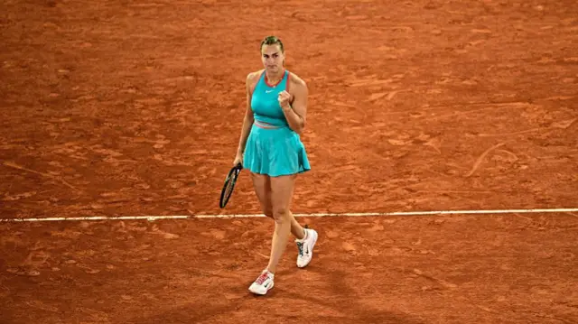 Aryna Sabalenka reacts to a point