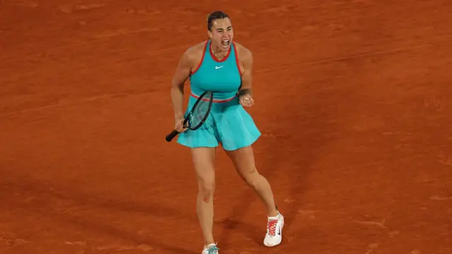 Aryna Sabalenka celebrates a point