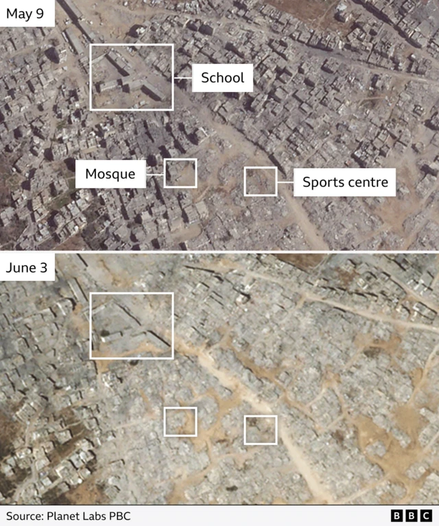 A before and after of a city in Gaza shows homes, buildings and a sports centre flattened.