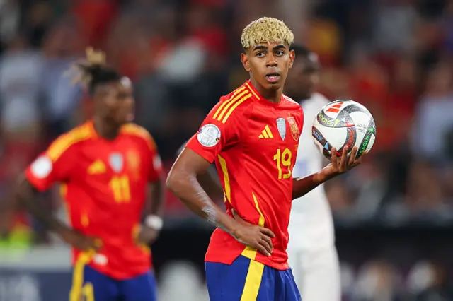Lamine Yamal of Spain holds the ball