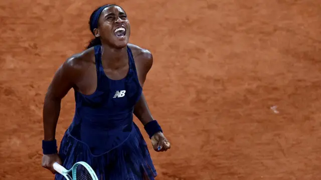 Coco Gauff celebrates after winning her women's singles semi-final
