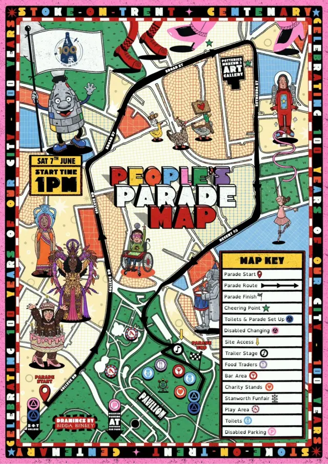 A cartoon map showing the route of a parade. There are comedy characters dotted around the map, which says "People's Parade Map" in red letters. A map key legend lists points of interest on the bottom right.