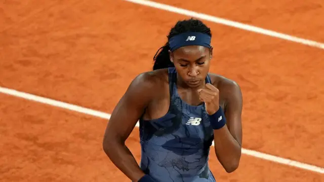 Coco Gauff reacts after a point