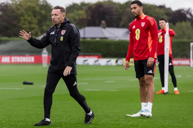Craig Bellamy and Ben Cabango during Wales training