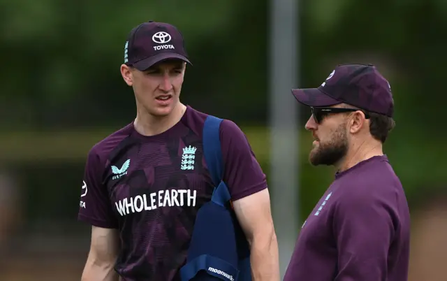 England white-ball captain Harry Brook chats with coach Brendon McCullum