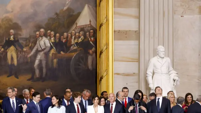 Dignitaries including US Senator Marco Rubio (5-L), Meta CEO Mark Zuckerberg (9-L), businessman Jeff Bezos (12-L), Google CEO Sundar Pichai (7-R), and businessman Elon Musk (5-R) attend Donald Trump's inauguration