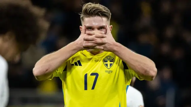 Viktor Gyokeres of Sweden celebrates after scoring