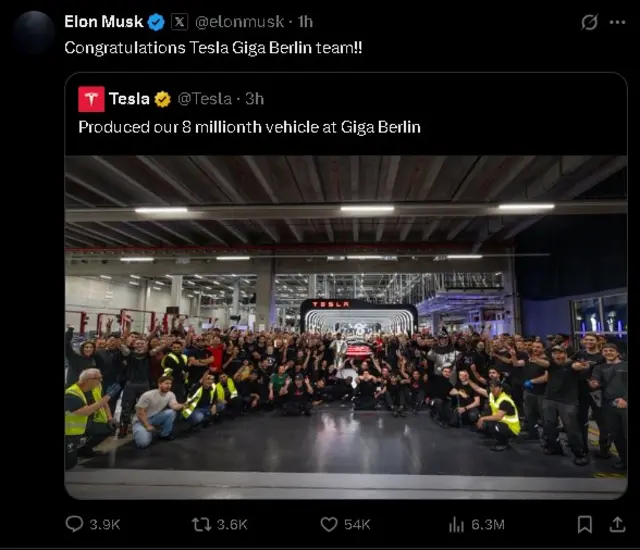 An X post with Elon Musk saying "Congratulations Tesla Giga Berlin team!!"