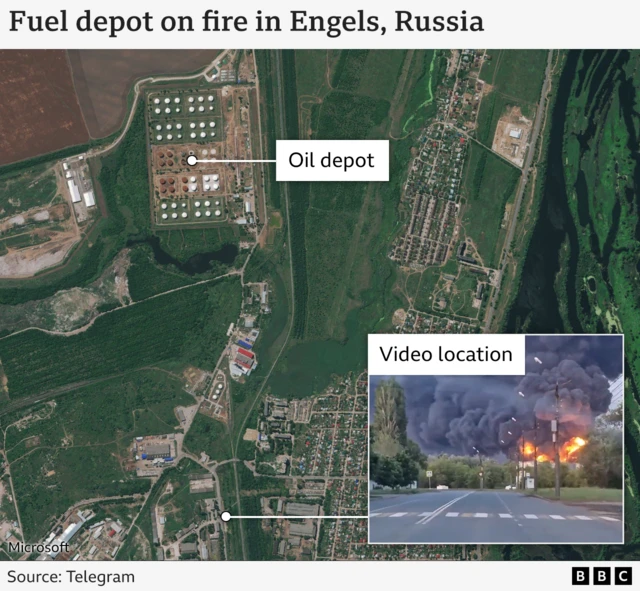 A satellite image shows where a Russian oil depot caught fire. In a smaller box, there is a picture of the oil repot on fire.