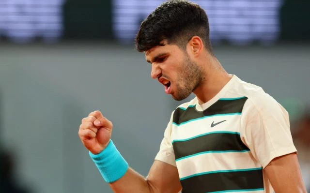 Spain's Carlos Alcaraz reacts during his semi final match against Italy's Lorenzo Musetti
