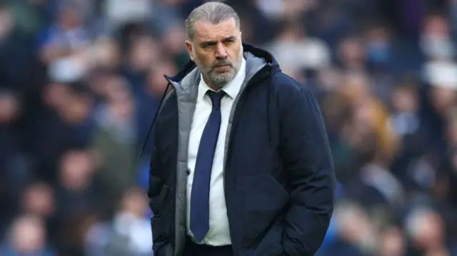 Ange Postecoglou, Manager of Tottenham Hotspur, looks dejected