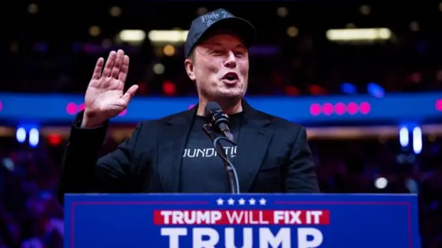 Elon Musk wearing a cap, hand in the air speaking into microphone behind a podium with Trump campaign banner on.