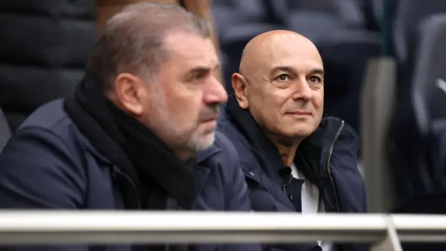 Daniel Levy, chairman of Tottenham Hotspur (R) and Tottenham Hotspur Men's Manager, Ange Postecoglou