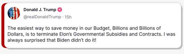 A post by Donald J Trump saying "The easiest way to save money in our Budget, Billions and Billions of Dollars, is to terminate Elon's Governmental Subsidies and Contracts."