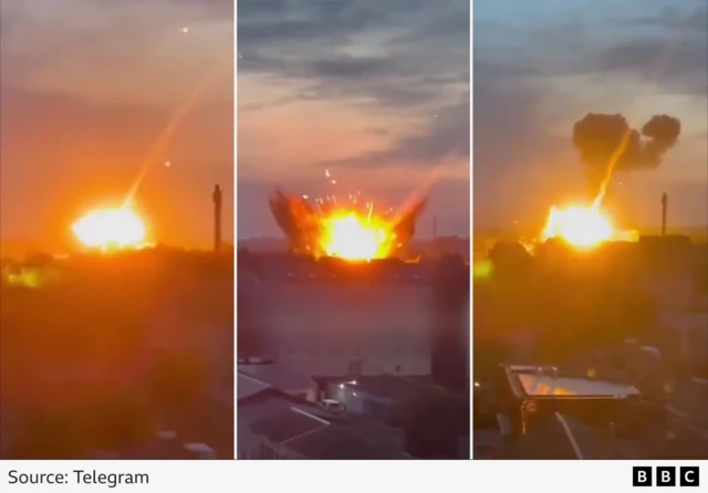 Three separate frames show explosions over the Ukrainian city of Lutsk