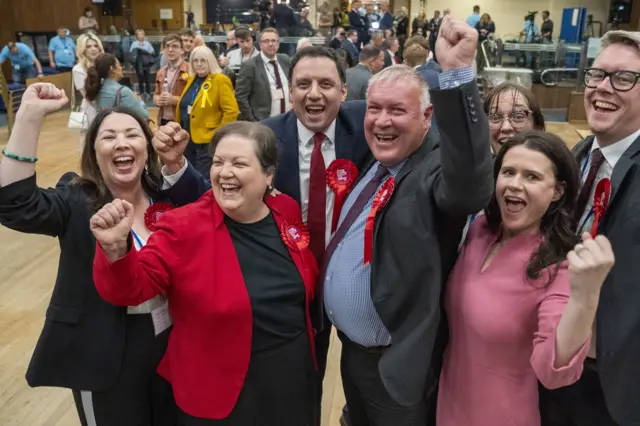 Scottish Labour colleagues including Jackie Baillie and Anas Sarwar celebrate with new MSP Davy Russell