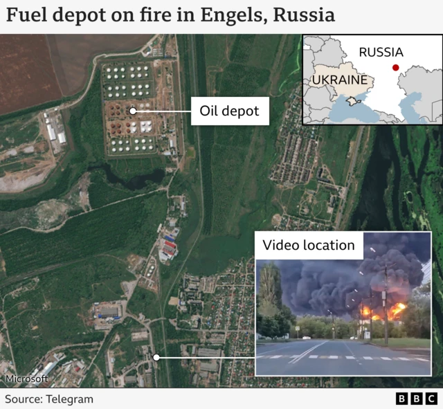 Map of Russia showing a depot fire, with a larger map showing where the fire was in relation to the country of Russia (in the southern part of the country)
