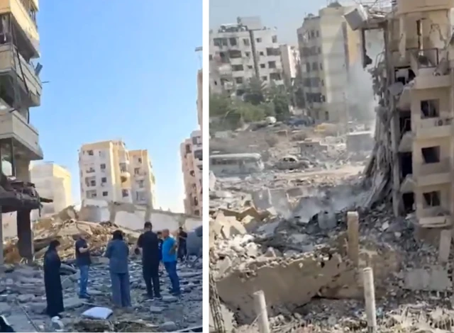 Two screenshots show the aftermath of strikes in the southern suburbs of Beirut. One picture shows a group of people observing the damage, and a second picture shows the rubble of a destroyed building.