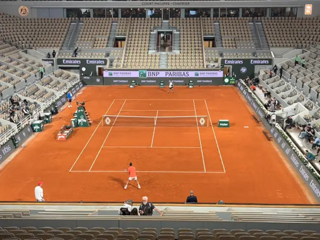 Novak Djokovic practises on Court Philippe Chatrier