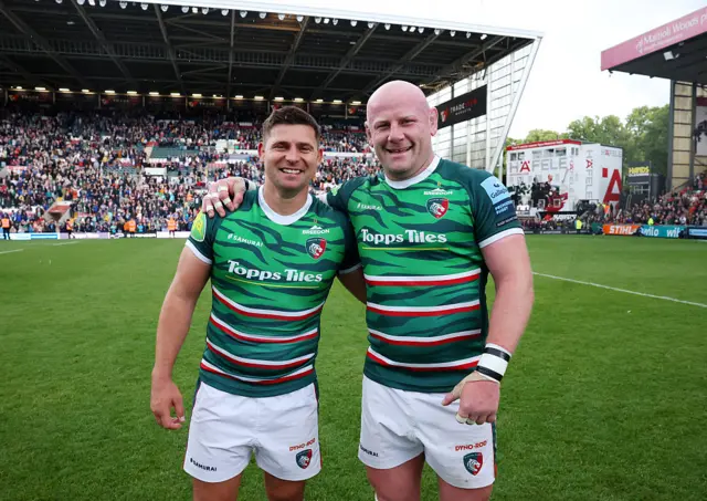 Ben Youngs (L) and Dan Cole (R) of Leicester Tigers pose for a photo following their final home appearances