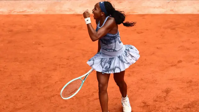 Coco Gauff reacts after a point