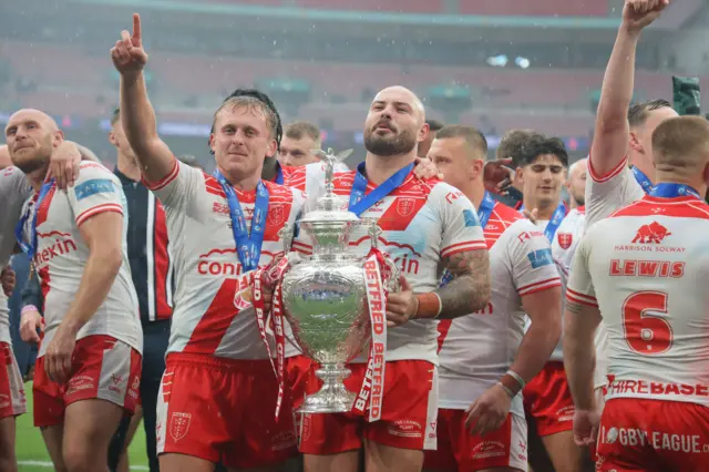 Hull Kingston Rovers' Sam Luckley with the trophy during the Challenge Cup final