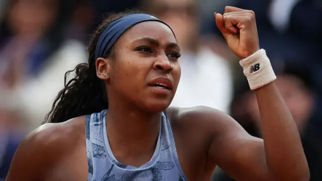 Coco Gauff reacts after a point
