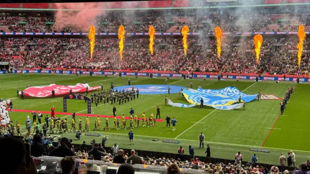 Warrington and Hull KR walk out at Wembley