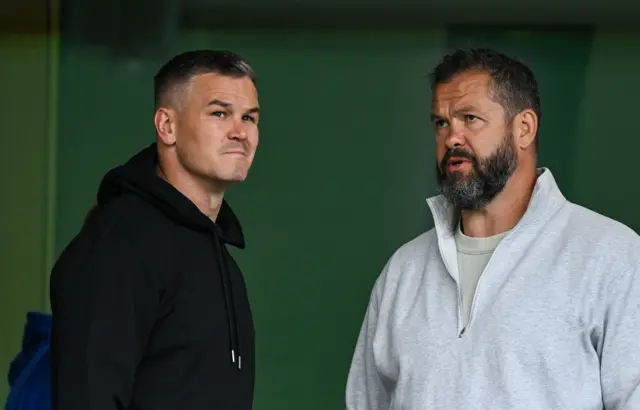 British & Irish Lions assistant coach Jonathan Sexton, left, and British & Irish Lions head coach Andy Farrell during the URC semi-final