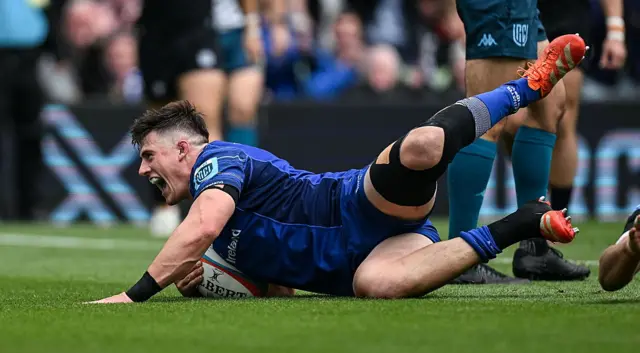Dan Sheehan of Leinster scores his side's first try during the United Rugby Championship semi-final