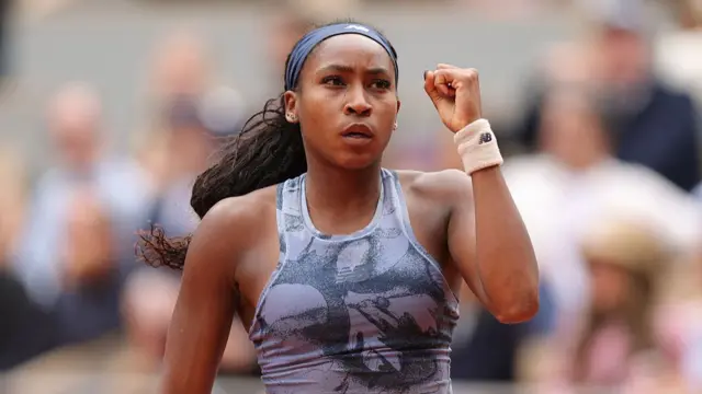 Coco Gauff celebrates winning the second set