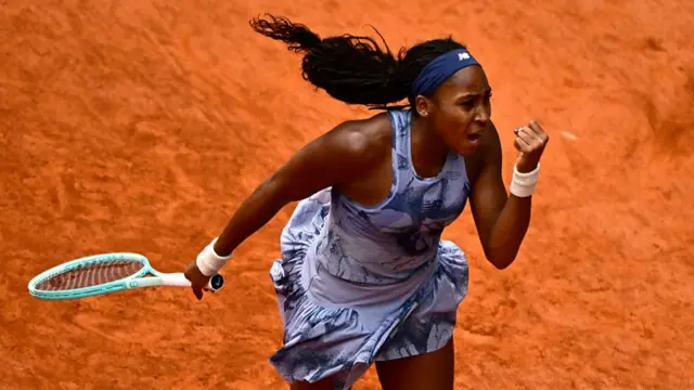 Coco Gauff reacts after a point