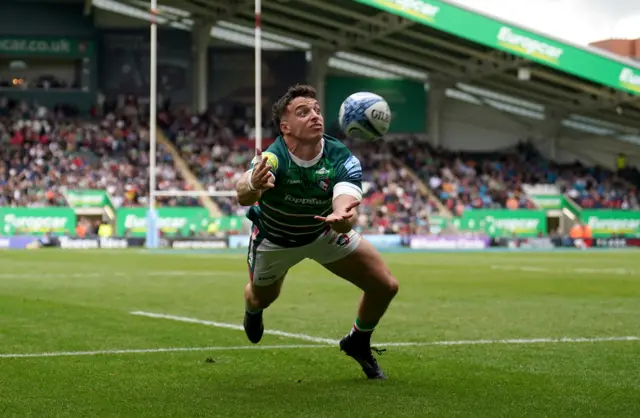 Leicester Tigers' Adam Radwan gathers and scores their side's second try